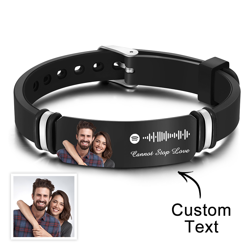 Custom Photo Engraved Spotify Music Black Bracelet For Him Personalized Bracelet Perfect Gift For Valentines Day - soufeelau