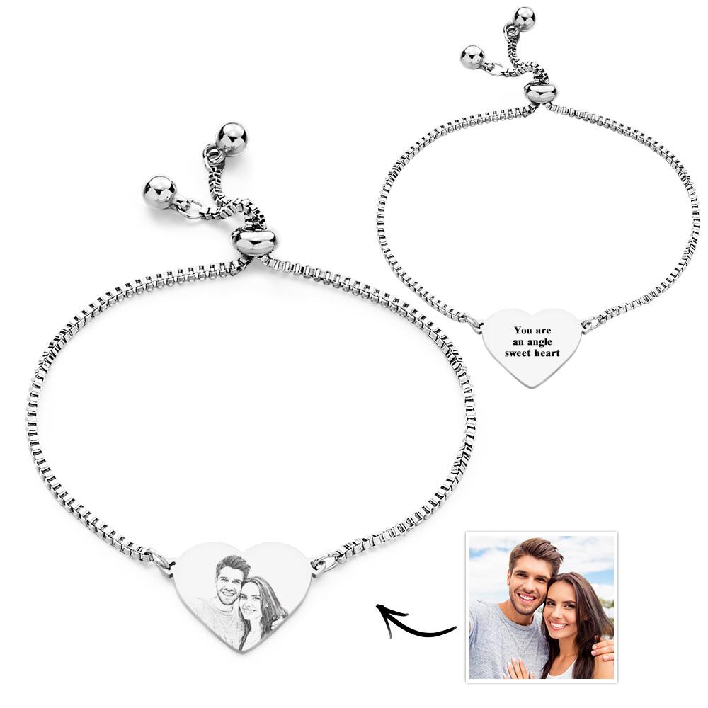 Personalized Custom Photo Text Stainless Steel Adjustable Bracelet Carved Heart Shaped Pendant Fashion Jewelry Custom Gift for Women - soufeelau