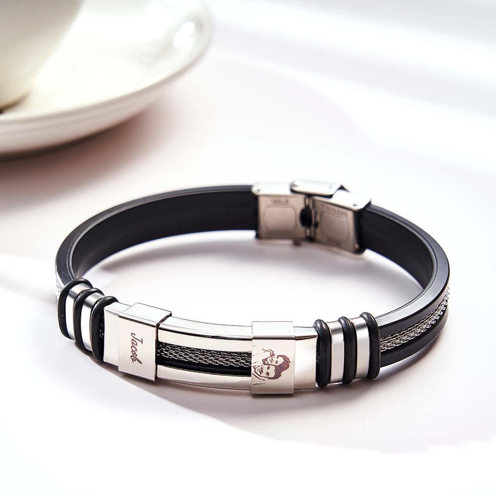 Mens Silicone Photo Bracelet with text Custom Family Photo Gifts for Dad Personalised Gift for Him - soufeelau