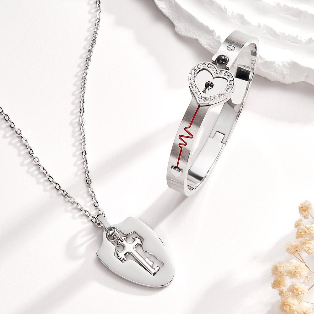 Custom Projection Shield Key Pendant Necklace and Lock Bracelet You Hold the Key to My Heart Gift - soufeelau