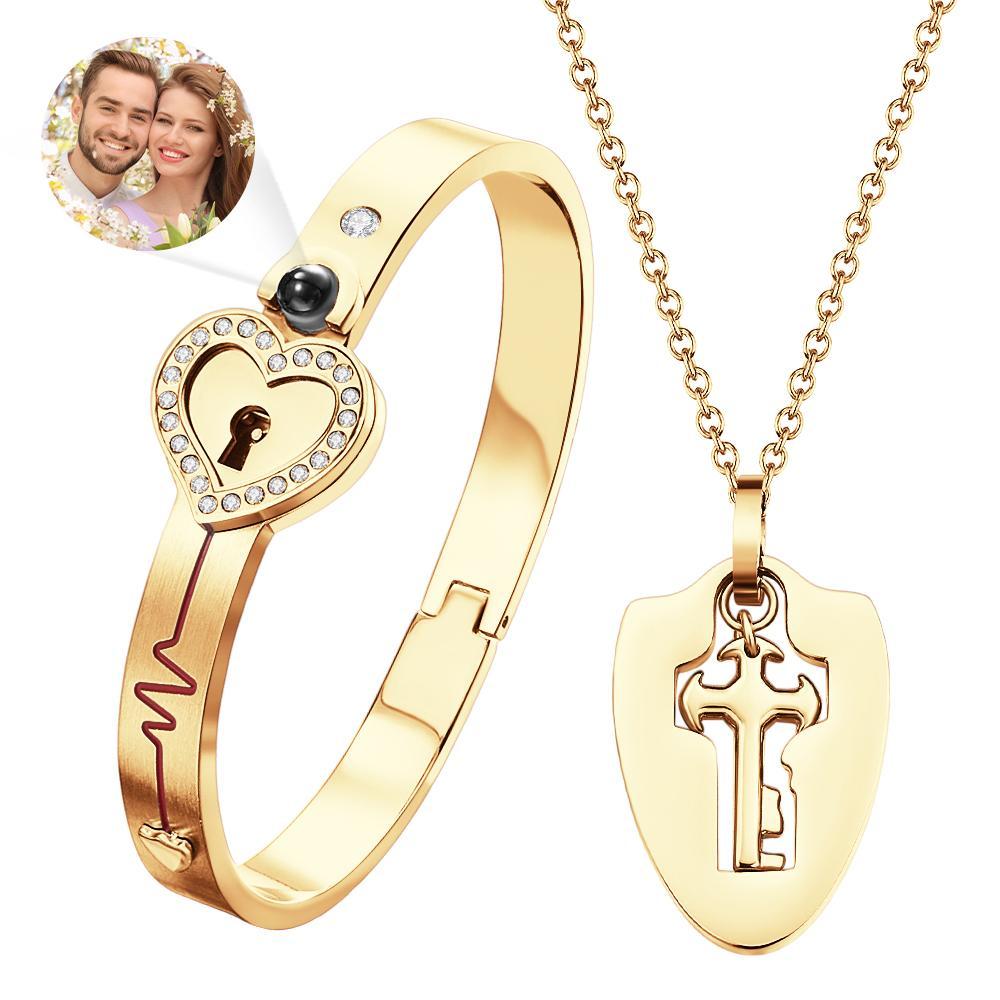 Custom Projection Shield Key Pendant Necklace and Lock Bracelet You Hold the Key to My Heart Gift - soufeelau