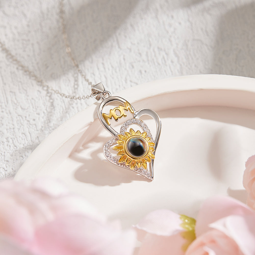 Personalized Photo Projection Necklace with Sunflower Elegant Cross Heart Design Best Mother's Day Gift - soufeelau