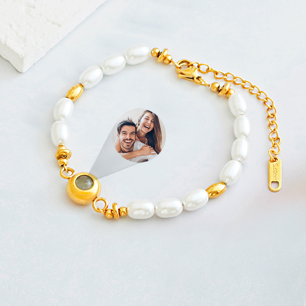 Personalized Photo Projection Circle Vintage Luxury Bracelet 18k Gold Plated Stainless Steel Pearl Bracelet Pearl Bracelet Gift for Her - soufeelau
