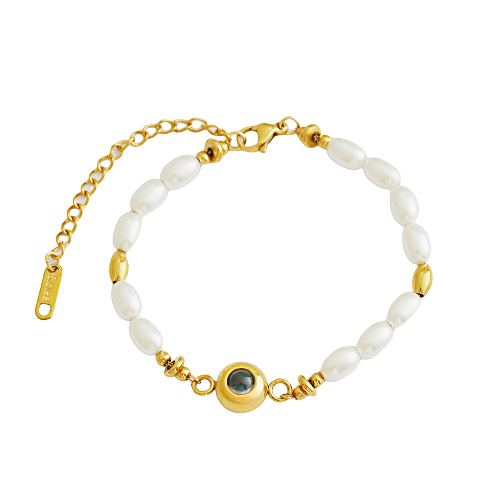 Personalized Photo Projection Circle Vintage Luxury Bracelet 18k Gold Plated Stainless Steel Pearl Bracelet Pearl Bracelet Gift for Her - soufeelau