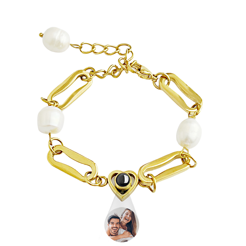 Custom Photo Projection Circle Heart Bracelet 18k Gold Plated Stainless Steel Cuban Link Freshwater Baroque Pearl Waterproof Bracelet Gift for Her - soufeelau