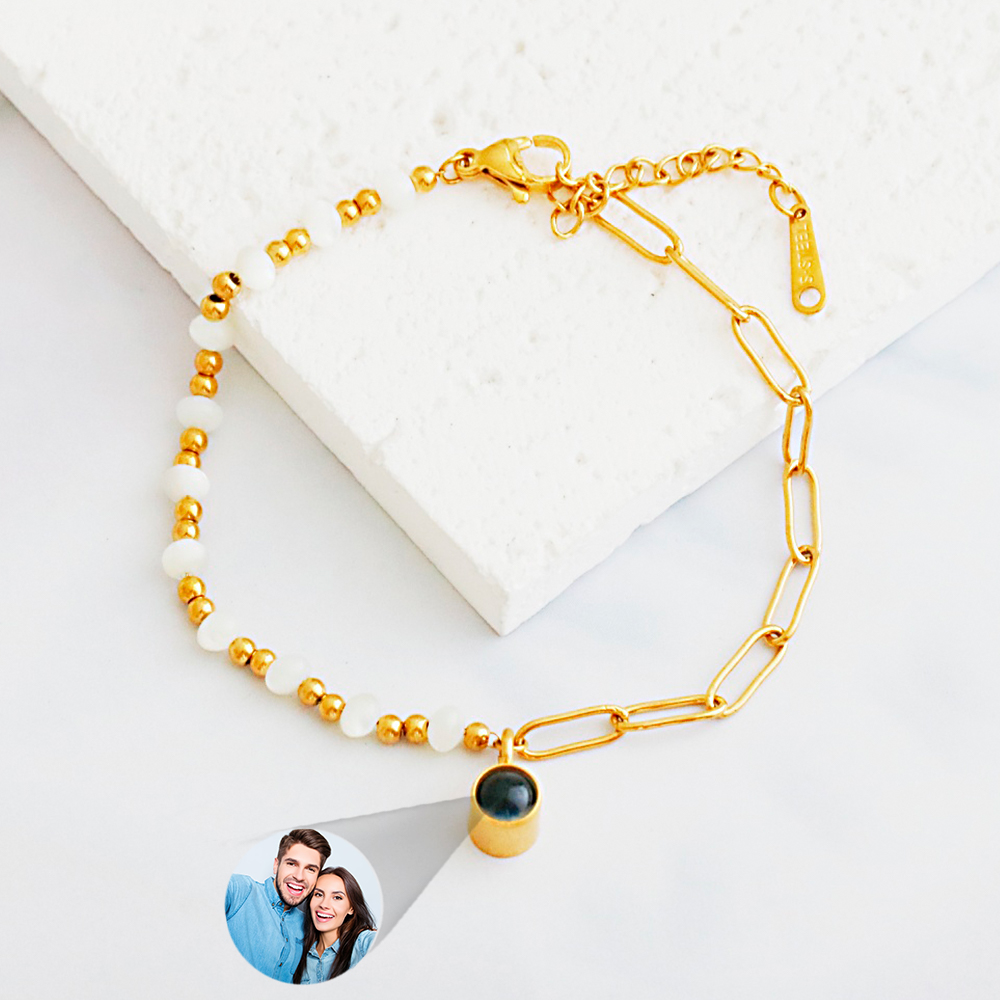 Custom Photo Projection Bracelet Vintage Luxury Circle Bracelet 18k Gold Plated Stainless Steel Pearl Bracelet Waterproof Bracelet Gift for Her - soufeelau