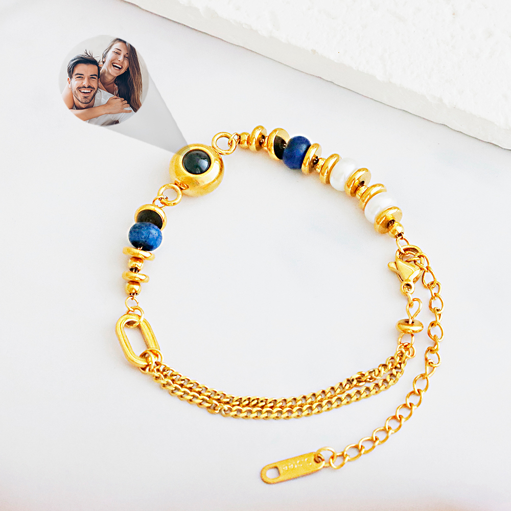 Custom Photo Projection Bracelet Vintage Luxury Natural Stone Bracelet 18K Gold Plated Stainless Steel Waterproof Bracelet Gift for Her - soufeelau