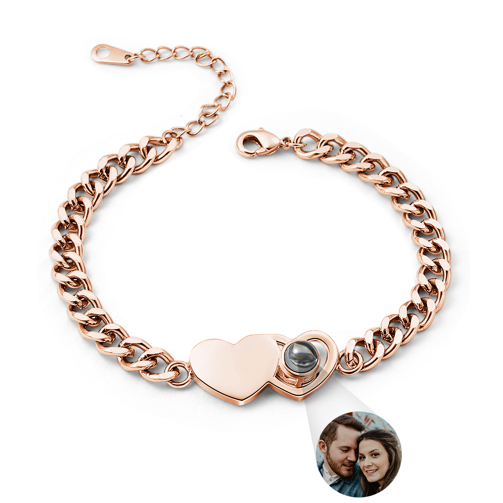 Custom Bracelet Personalized Photo Projection Bracelet Heart-Shaped Cuban Chain Bracelet Best Christmas Gift For Couples - soufeelau