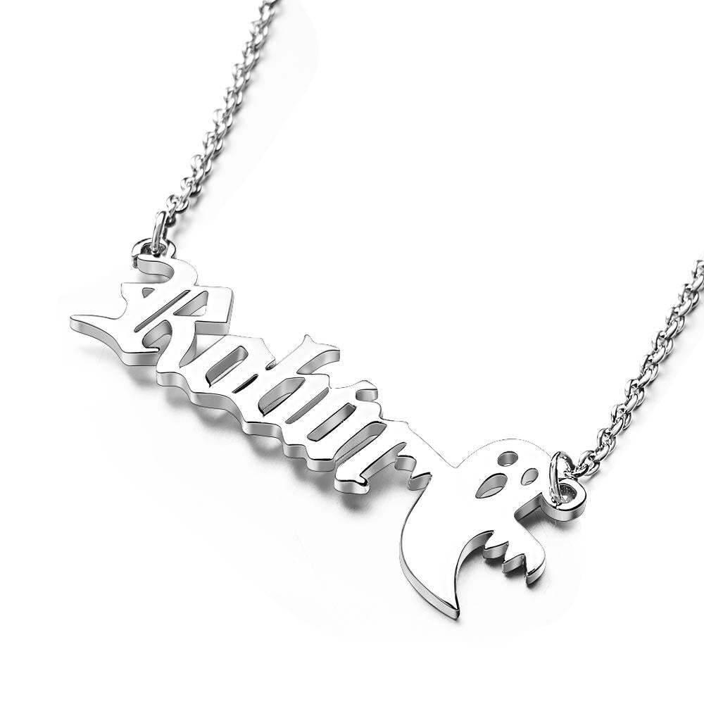 Personalized Ghost Name Necklace Custom Old English Gothic Font Pendant Necklace Minimalist Ghost Jewelry Spooky Halloween Gift for Kids - soufeelau