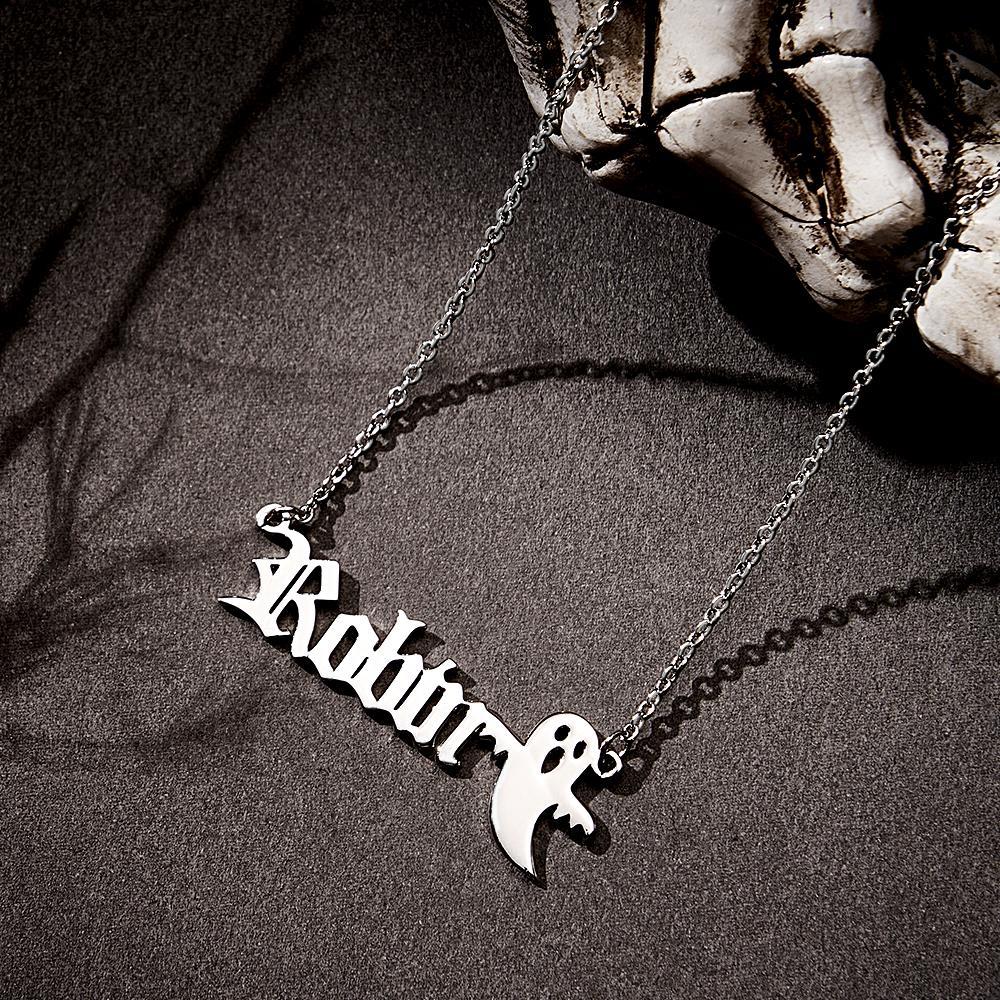 Personalized Ghost Name Necklace Custom Old English Gothic Font Pendant Necklace Minimalist Ghost Jewelry Spooky Halloween Gift for Kids - soufeelau