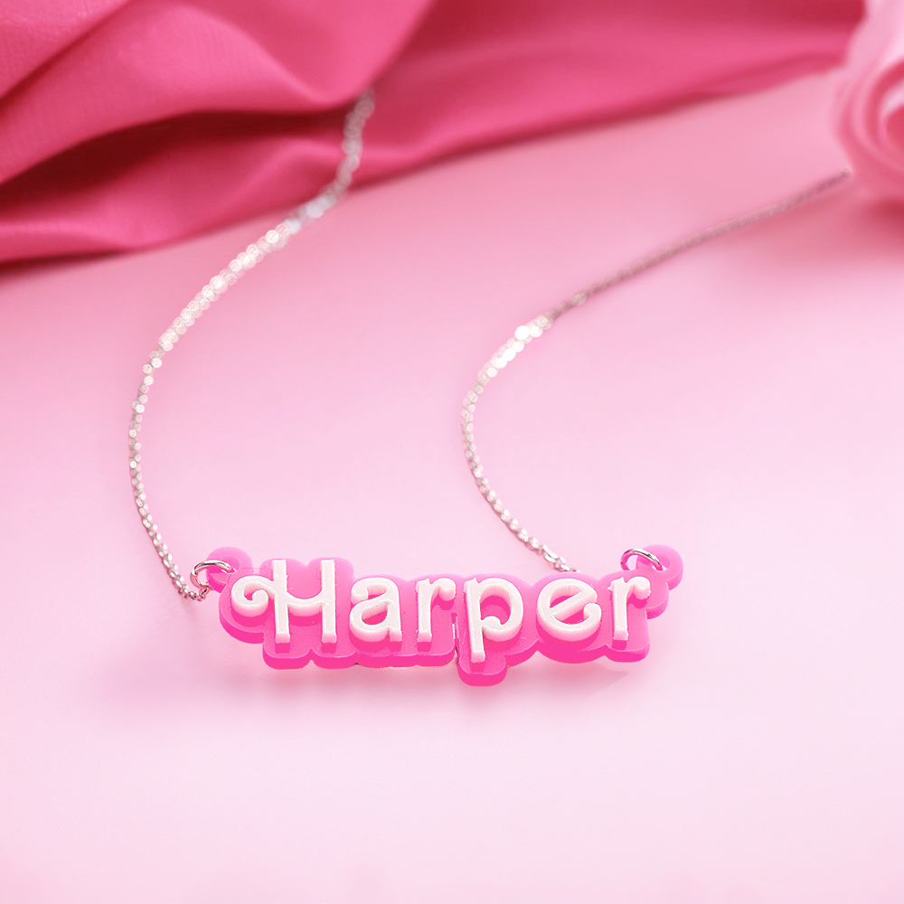 Personalized Pink and White Barbi Doll Acrylic Necklace with Name Christmas Birthday Valentine's Day Gift for Her
