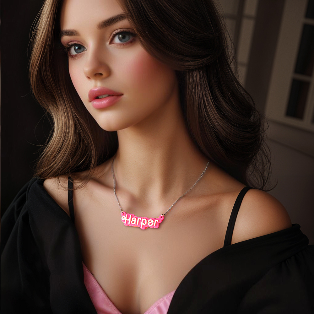 Personalized Pink and White Barbi Doll Acrylic Necklace with Name Christmas Birthday Valentine's Day Gift for Her