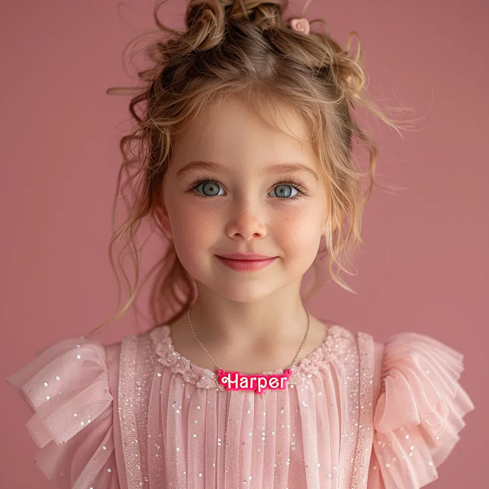 Personalized Pink and White Barbi Doll Acrylic Necklace with Name Christmas Birthday Valentine's Day Gift for Her