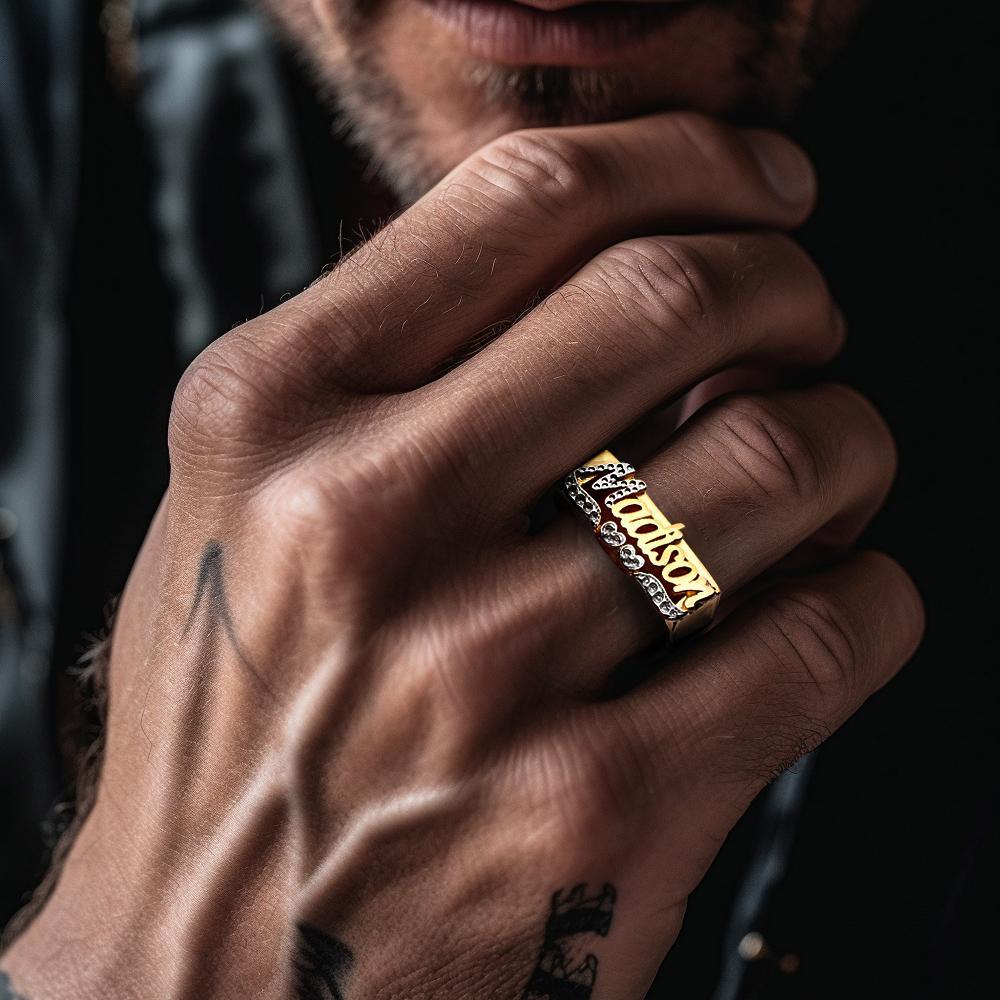 Personalized Hip Hop Name Ring With Double Hearts Initial Ring Jewelry Gift for Men Women - soufeelau