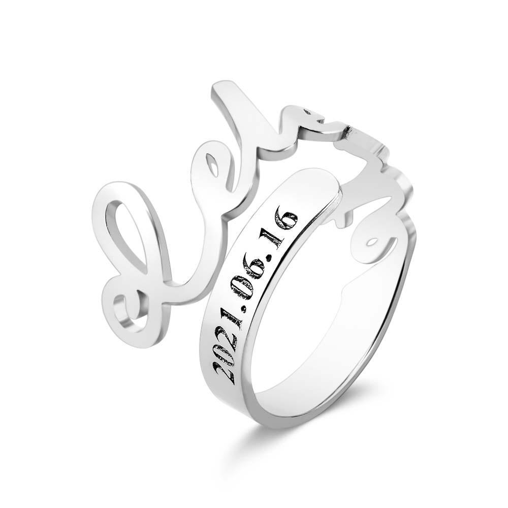 Minimalist Spiral Engraved Name Adjustable Open Ring Personalized Text Commemorative Ring - soufeelau