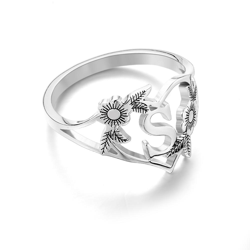 Custom Initials Letter Heart and Flowers Rings Custom Dainty Letter Ring Personalized Gift for Her - soufeelau