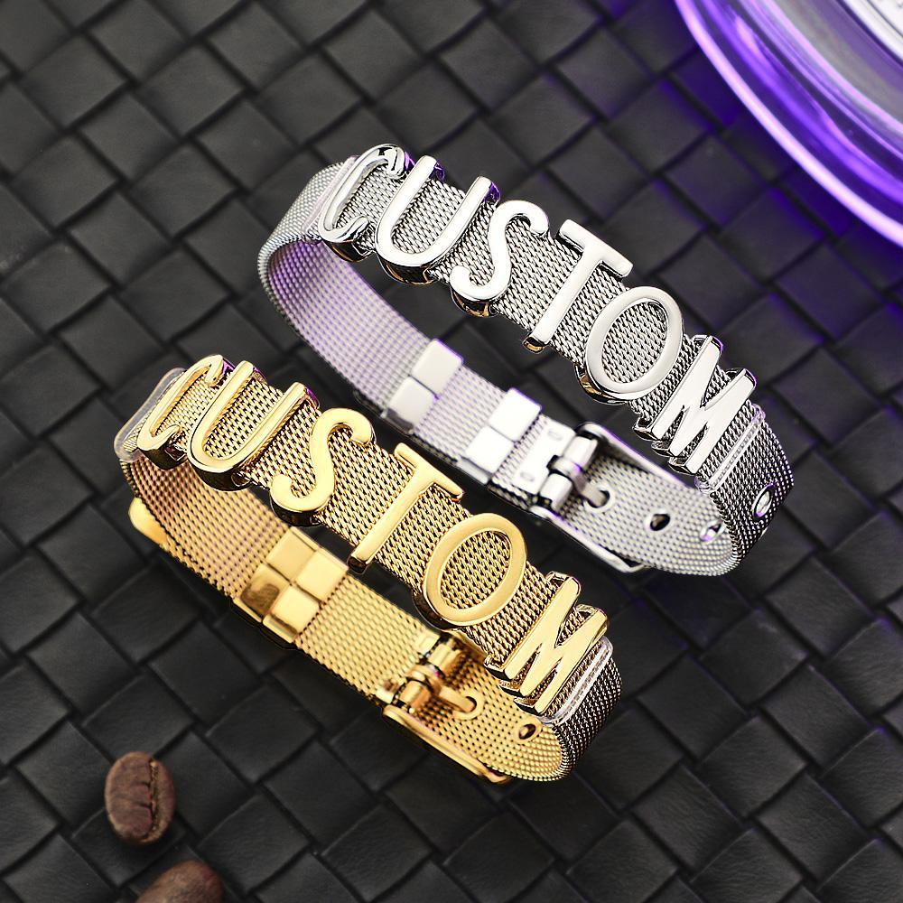 Men Wristband Custom Punk Jewelry Wide Nylon Band Bracelet DIY Custom 1-8 Initial Letter Charm - soufeelau