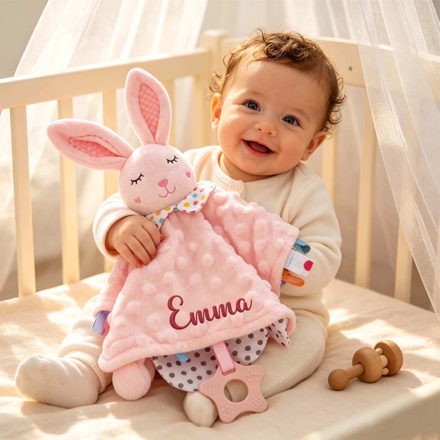 Personalized Baby Lovey Blanket – Custom Embroidered Name Security Blanket with Bunny or Elephant - soufeelau