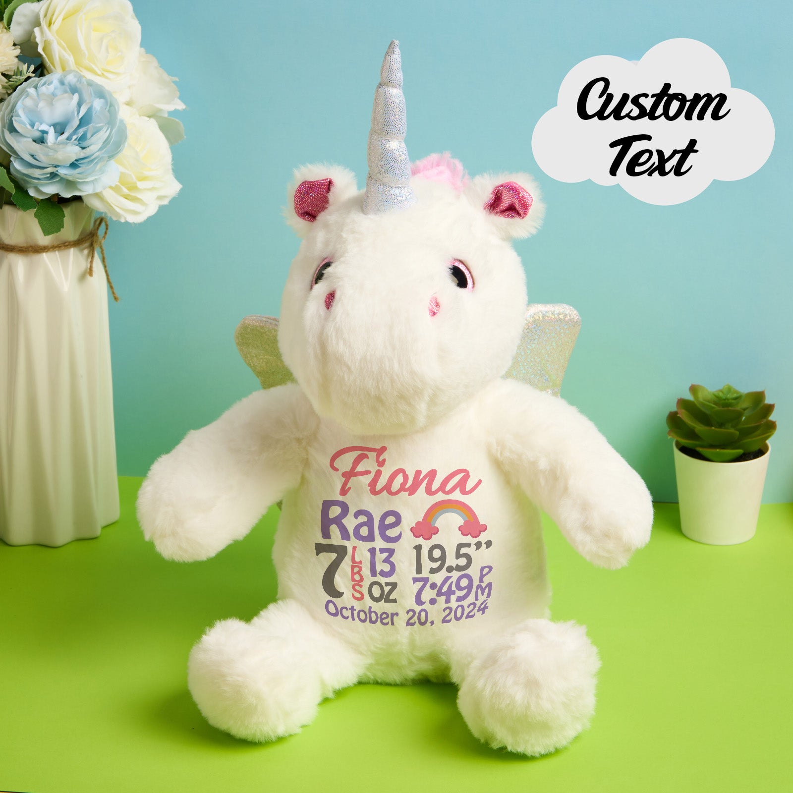 Personalized Unicorn Plush Stuffed Animal Birth Announcement Gift for Baby Shower - soufeelau