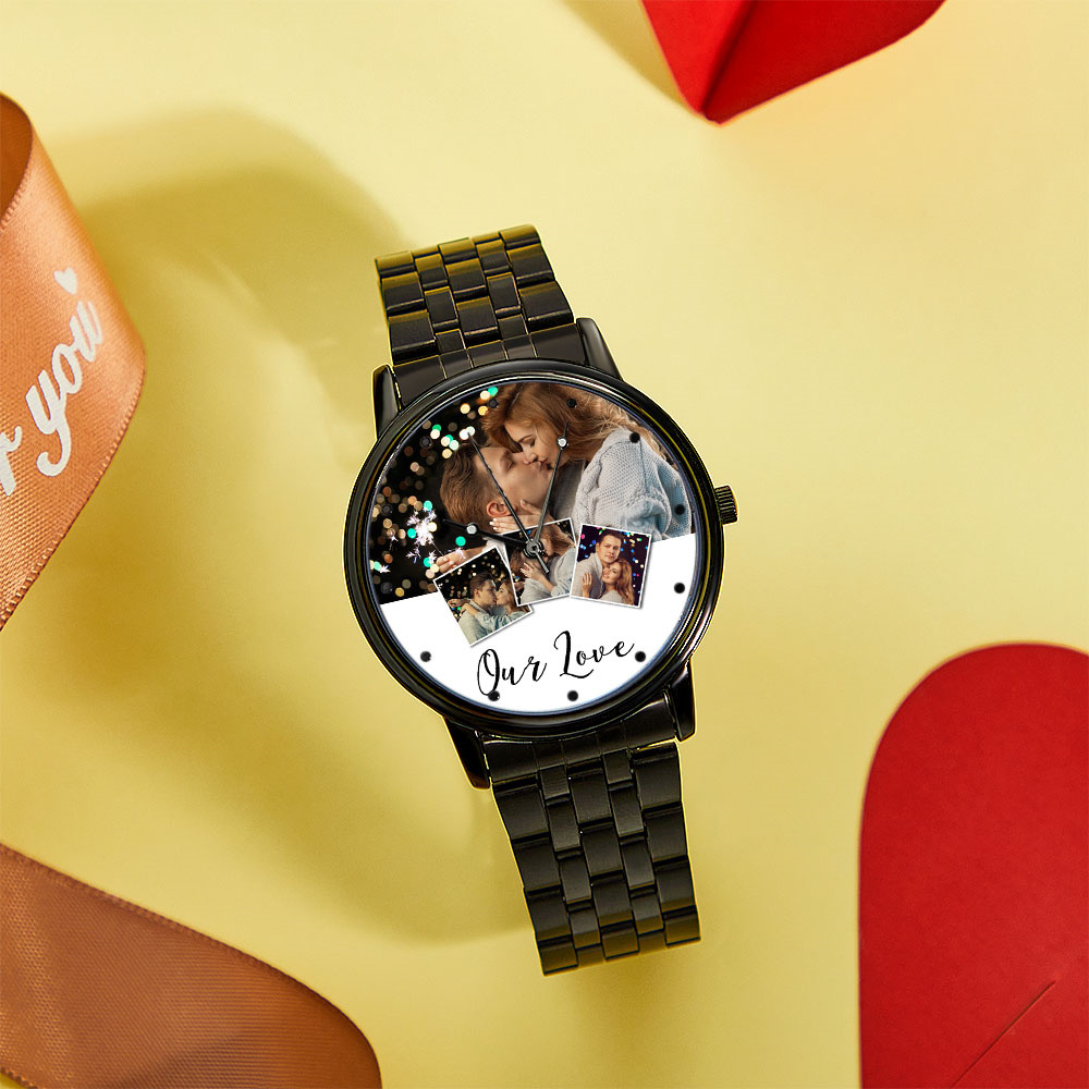 Personalized Engraved Photo Watch Men's Black Alloy Bracelet Photo Watch Valentine's Day Gifts To Boyfriend - soufeelau