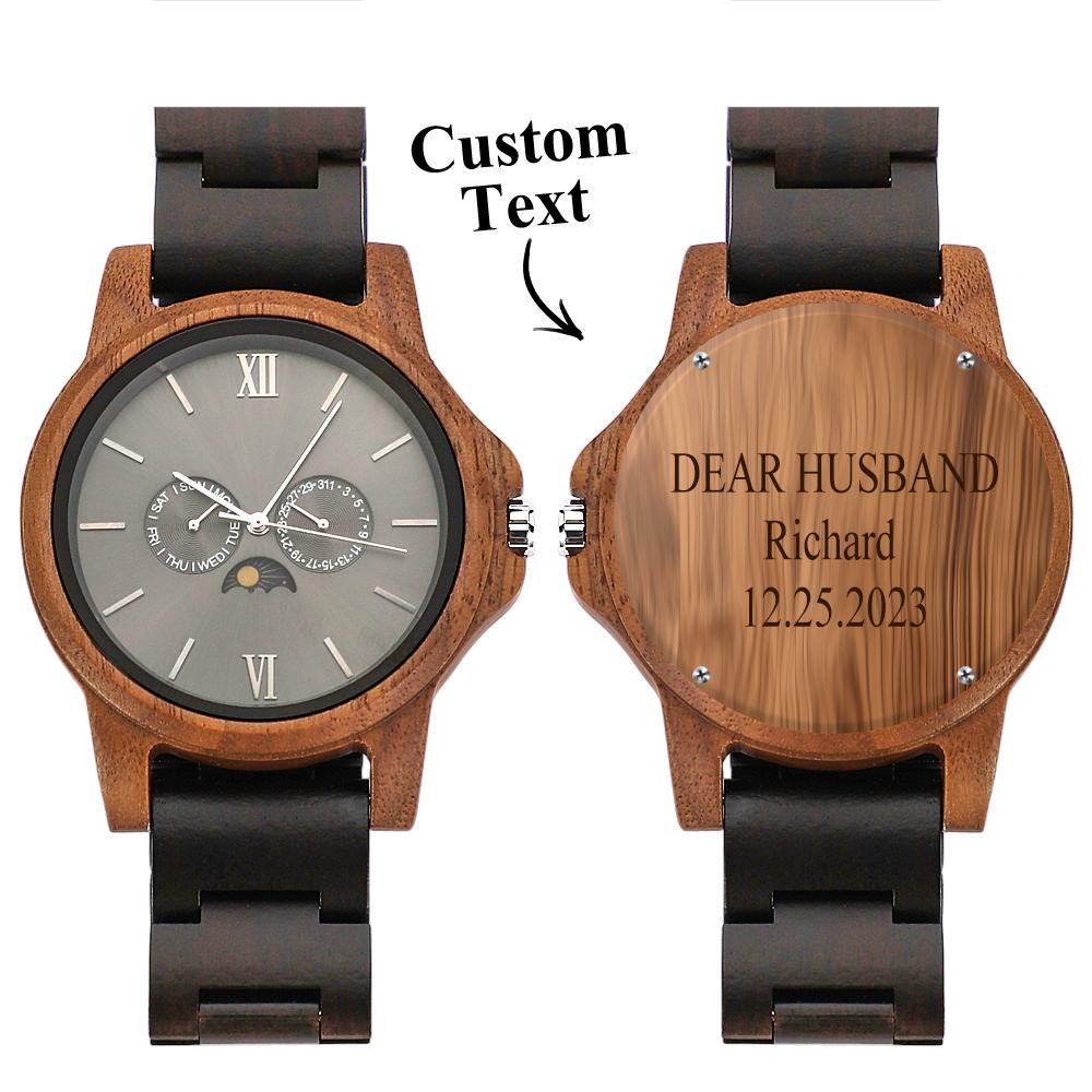Custom Mens Engraved Wood Watch Personalized Watch for Husband Anniversary Gift - soufeelau
