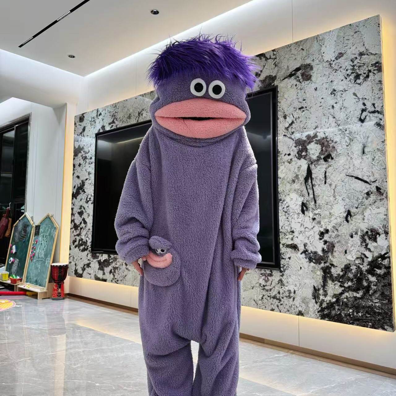 Funny Big Mouth Monster One-Piece Pajamas – Thick Plush Winter Loungewear for Adults - soufeelau