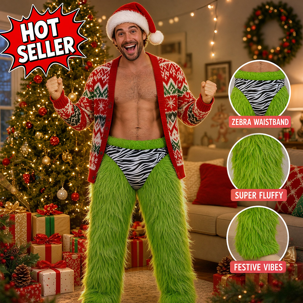 Funny Green Monster Christmas Pajama Pants – Fuzzy Green Lounge Pants with Leopard Print Brief Design, Novelty Holiday Sleepwear - soufeelau
