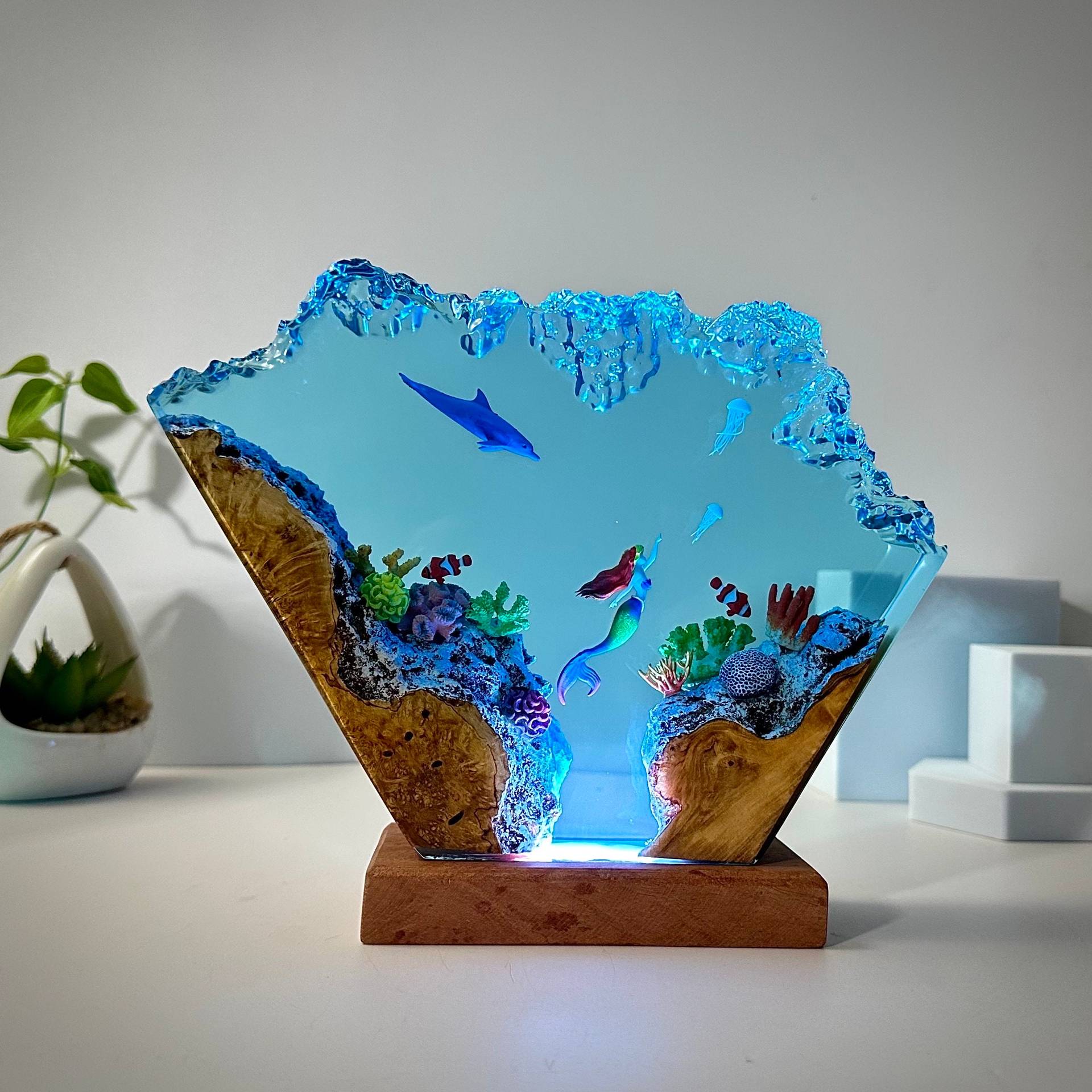 Dolphin and Mermaid Resin Lamp Art Decorative Lamp Resin Wood Art Lamp Birthday Gift Ideas - soufeelau
