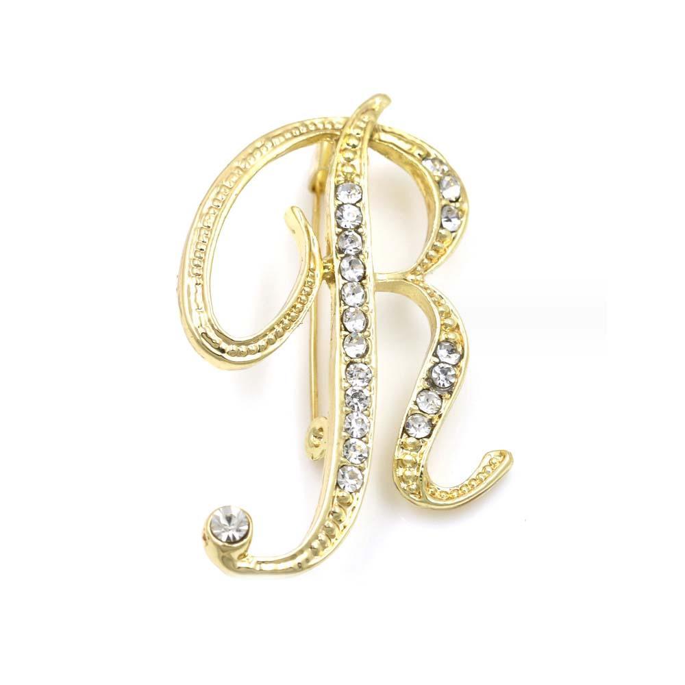 A-Z 26 Letters Pins Brooches Silver/Gold Plated Metal Broaches Pins-Clear Crystal Initial Breastpin - soufeelau