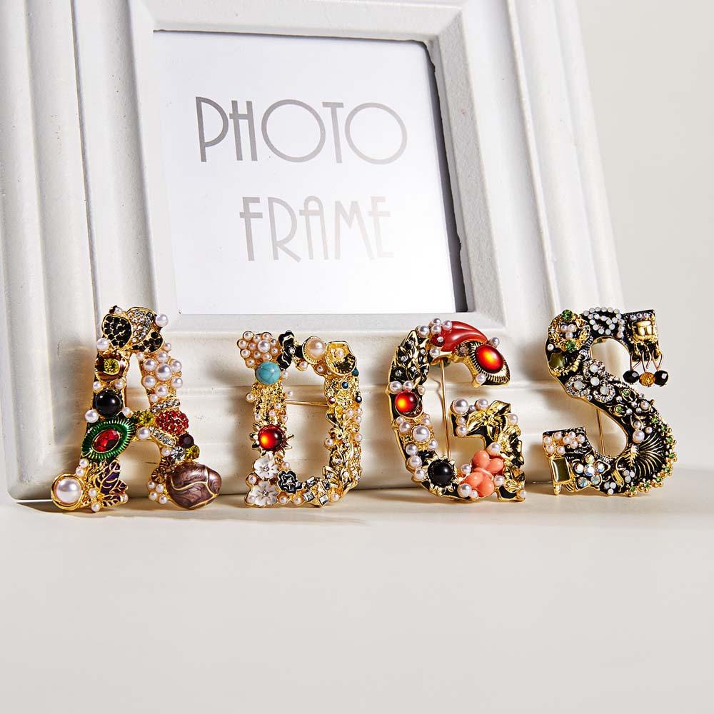 Crystal Pearl Initial Brooch Gold Plated Enamel Colorful Letter Alphabet Breastpin Pin Jewelry for Gifts - soufeelau