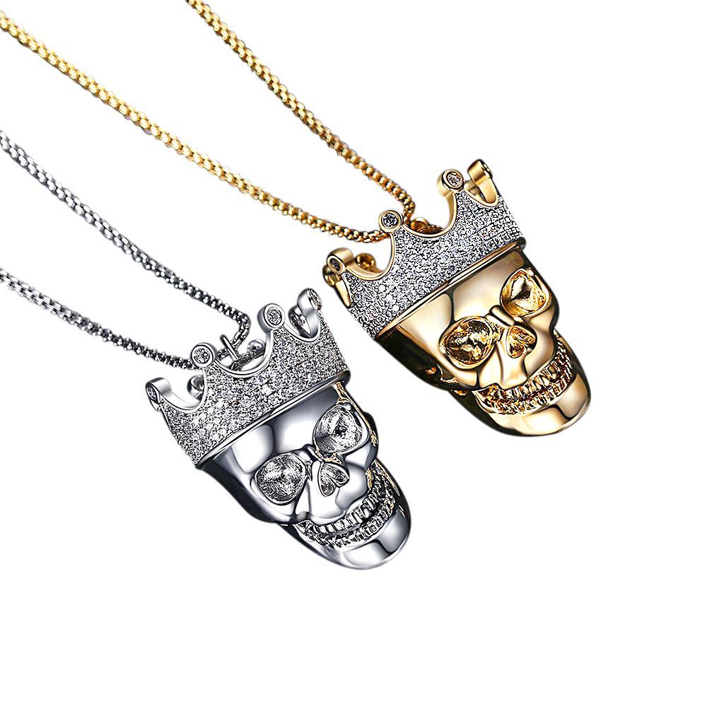 Hip Hop Necklace Punk Skull Crown King Zircon Necklace Gifts For Men - soufeelau