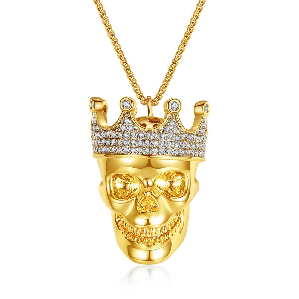 Hip Hop Necklace Punk Skull Crown King Zircon Necklace Gifts For Men - soufeelau