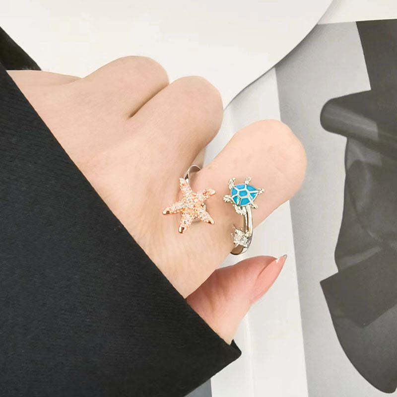 Fidget Anti-anxiety Ring Sea Turtle and Starfish Open Adjustable Spinner Ring Jewelry Gifts for Her - soufeelau