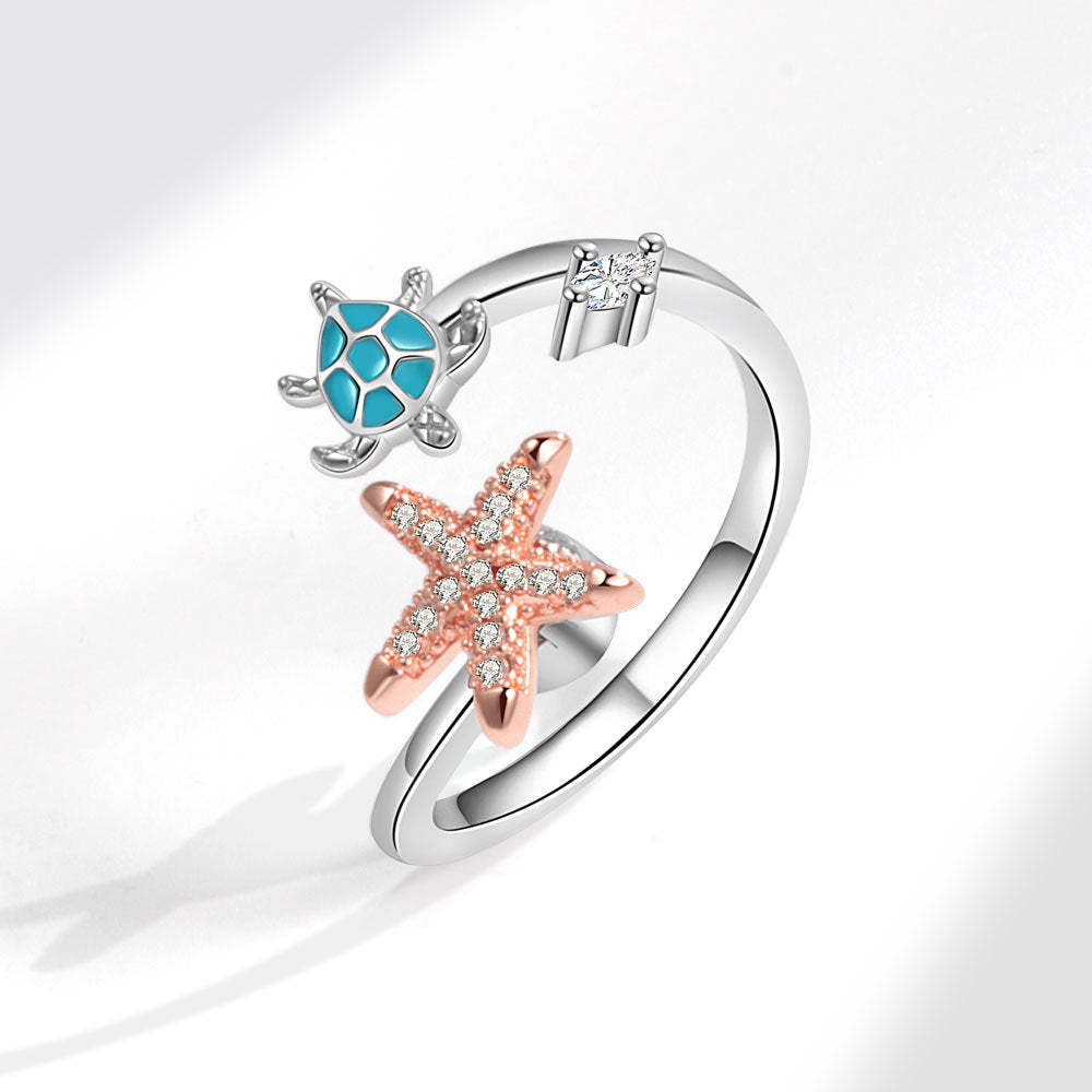 Fidget Anti-anxiety Ring Sea Turtle and Starfish Open Adjustable Spinner Ring Jewelry Gifts for Her - soufeelau