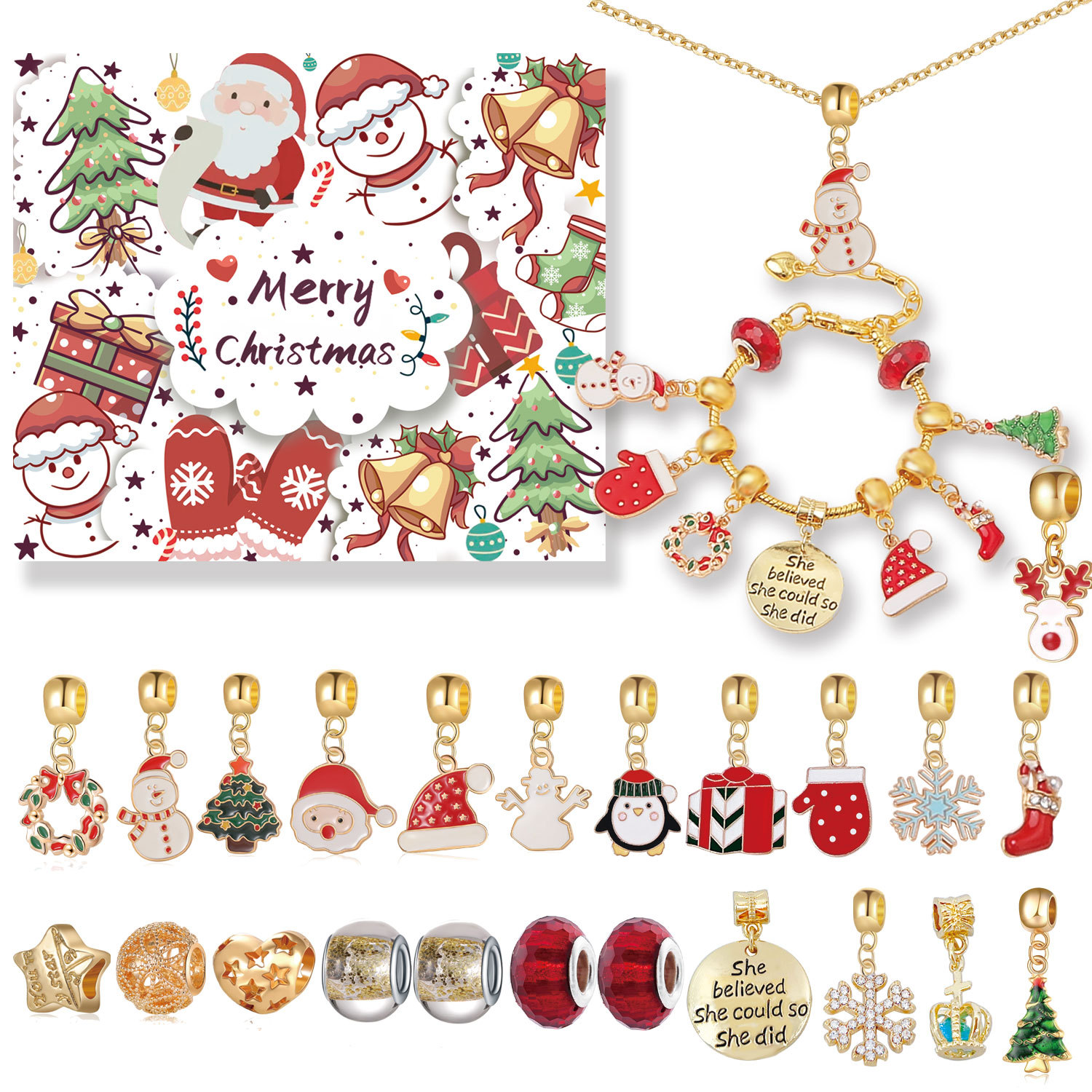 Christmas Charm Countdown Calendar Gift Box Set DIY Charm Jewelry Christmas Tree Bracelet Gift - soufeelau