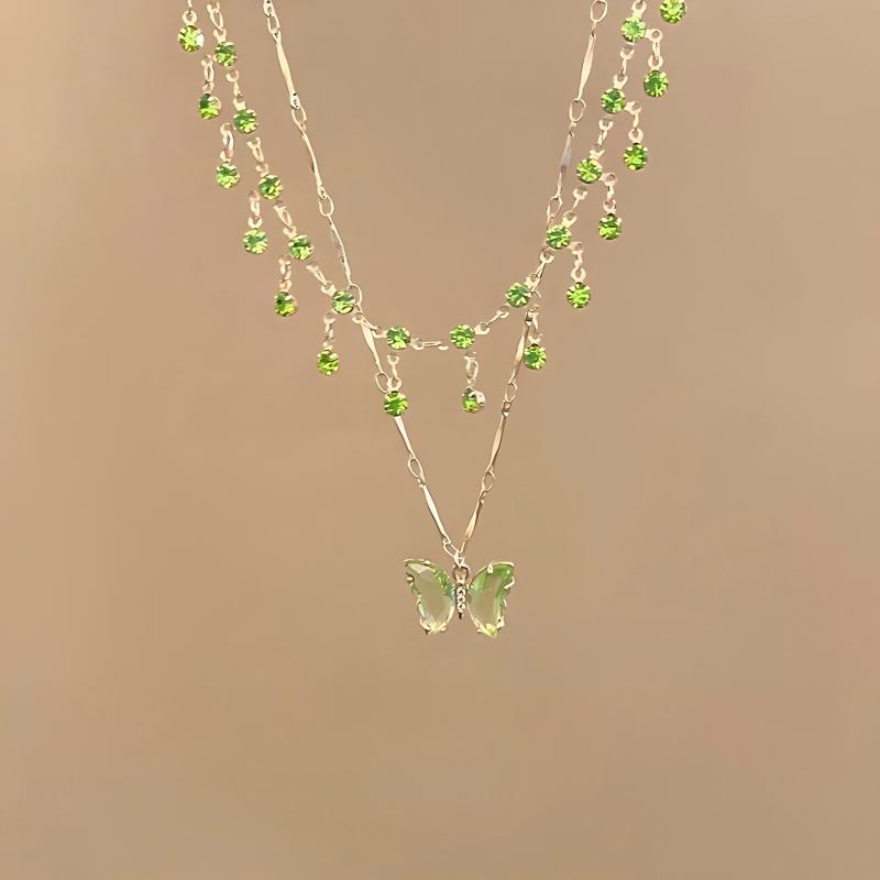 Vintage Butterfly Necklace Set – Green Crystal Layered Pendant Necklace for Women, Fairycore Boho Jewelry Gift - soufeelau