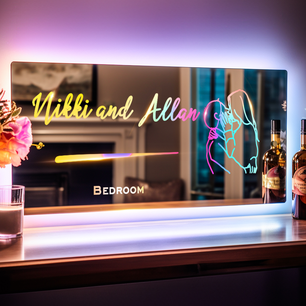 Personalized Line Photo Engraved Mirror Light Bedroom Sign Custom Mirror Neon Signs Wall Decor, Custom Name Sign for Bedroom,Christmas Valentine's Day - soufeelau