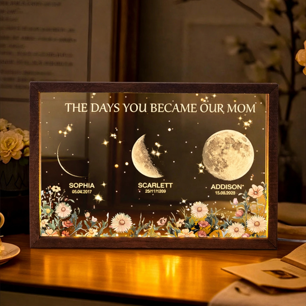 Personalized The Days You Became Our Mom Moon Phase Lightbox Mother's Day GiftsWood Base