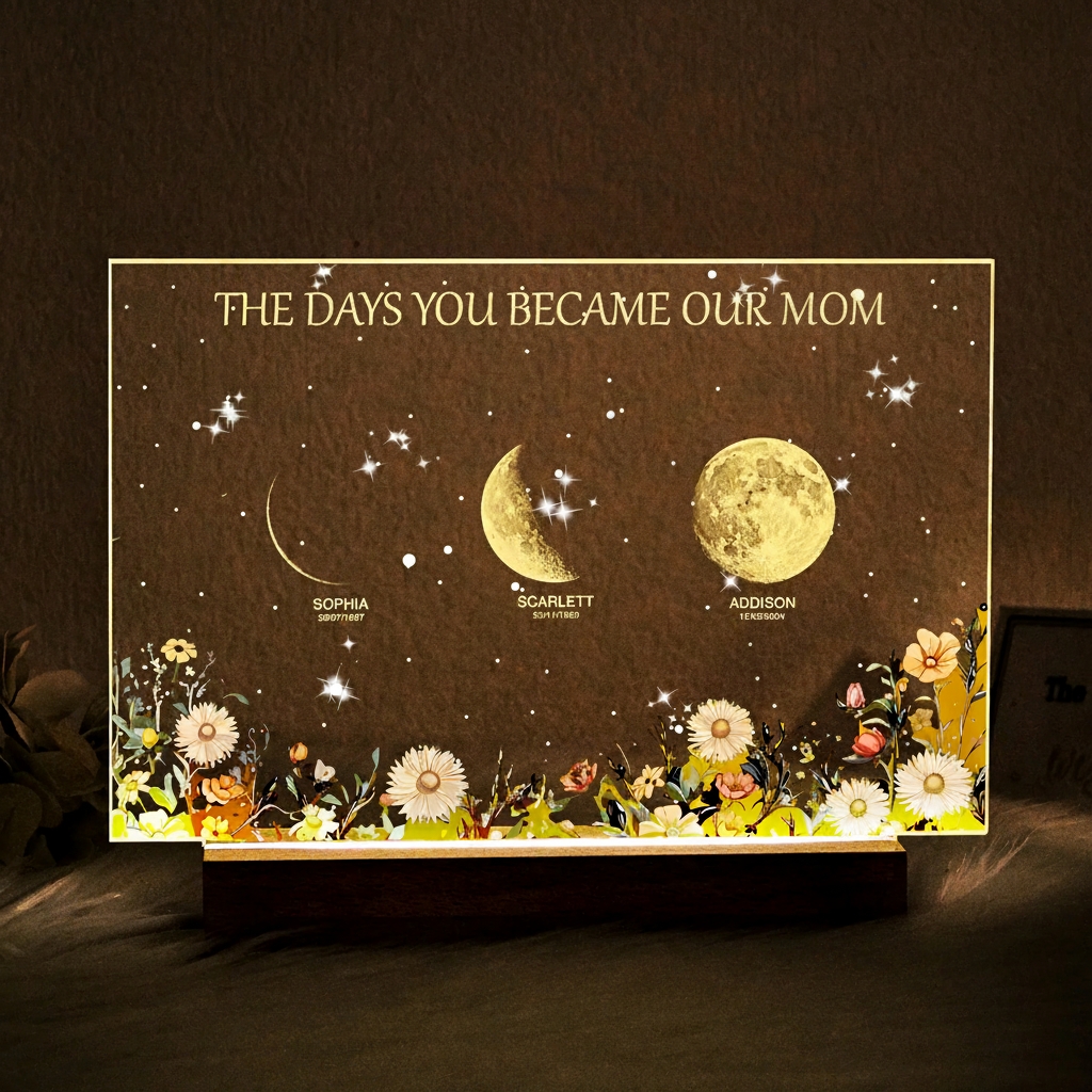 Personalized The Days You Became Our Mom Moon Phase Lightbox Mother's Day GiftsWood Base