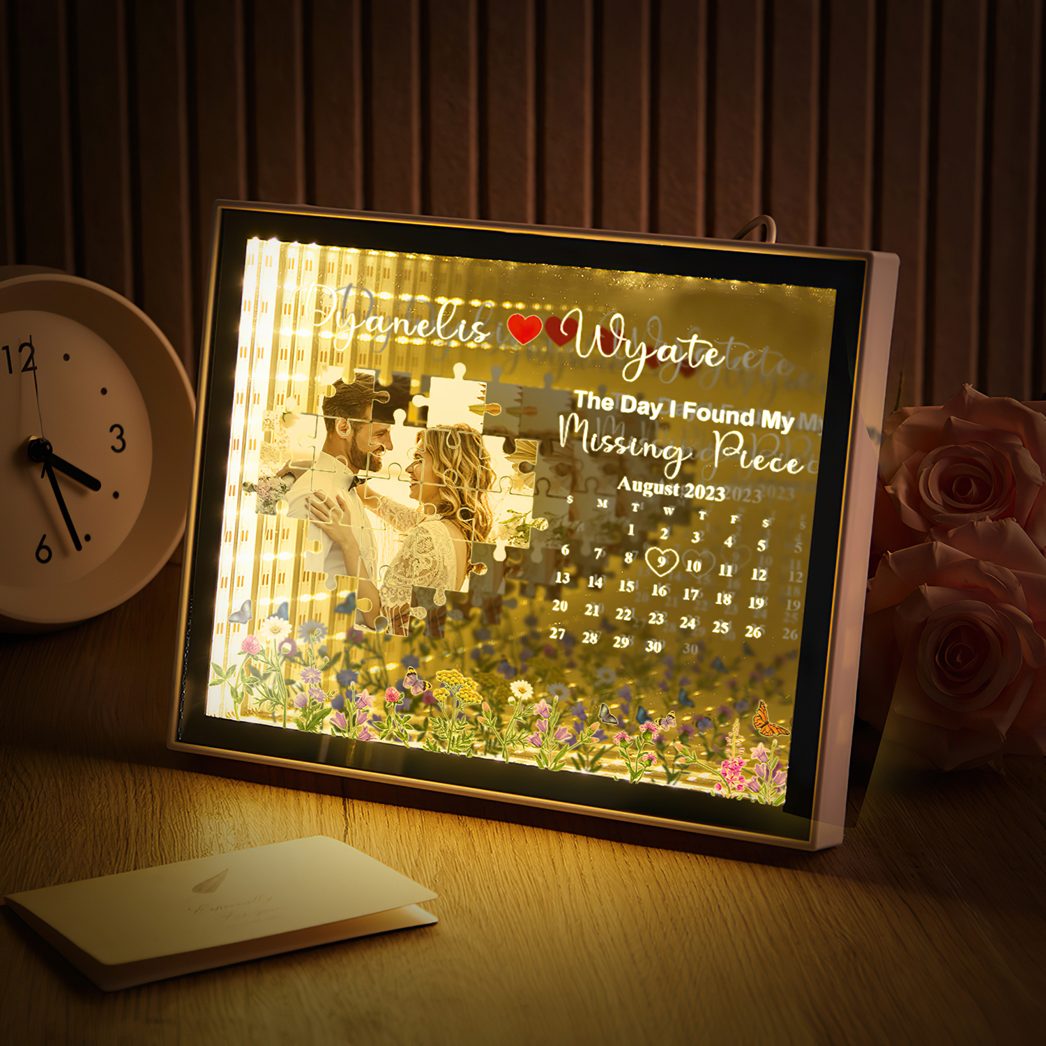 The Day I Found My Missing Piece Light Customize Photo and Calendar Custom Name Personalized Gift For Couple - soufeelau