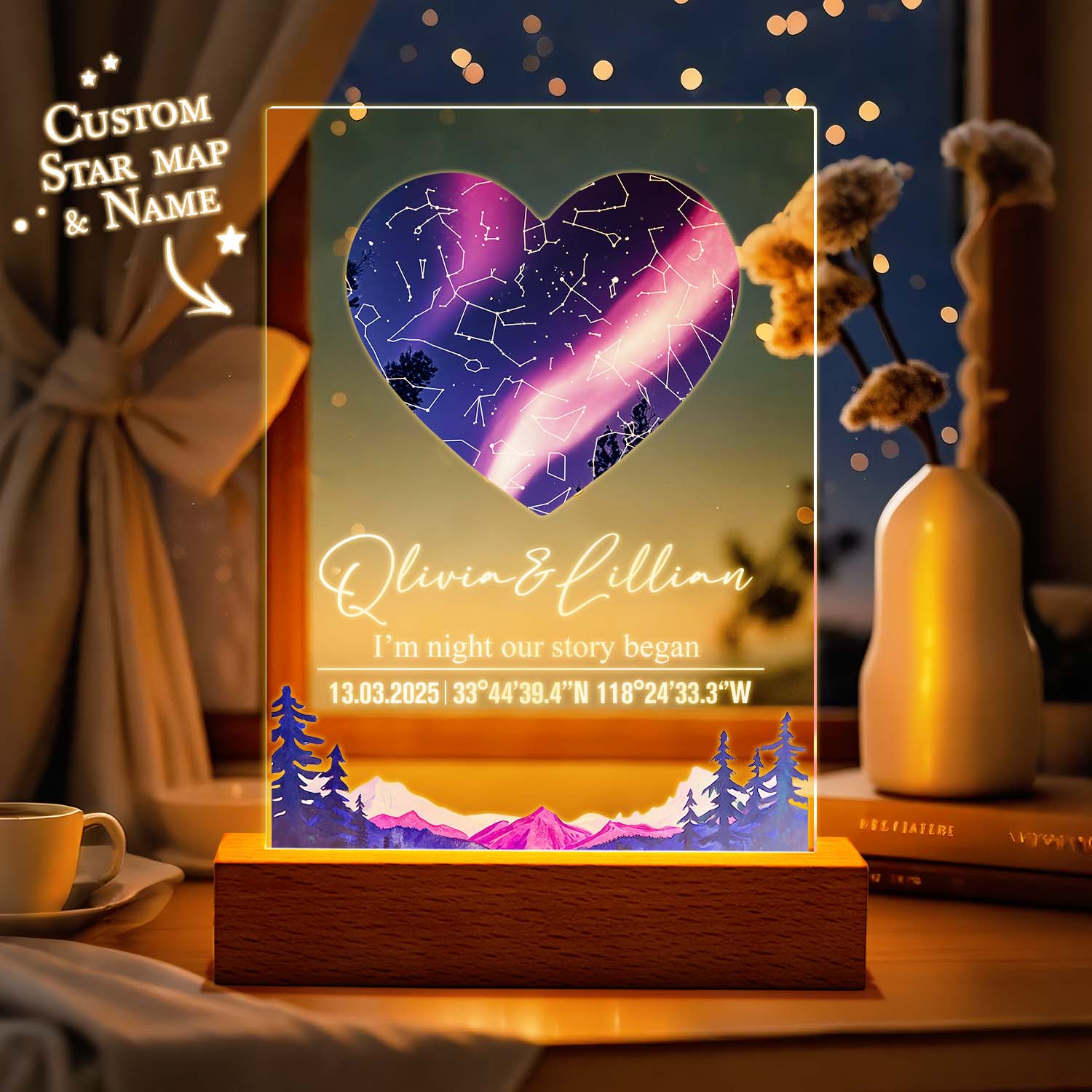 Custom Star Map Night Light Acrylic Lamp with Date Text and Wooden Base Home Decor for Valentine’s Day Anniversary Gift for Couples - soufeelau