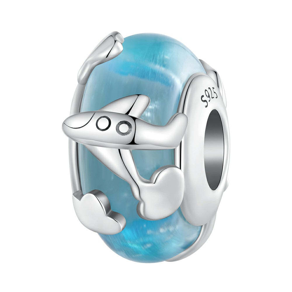 aircraft glass blue glass charm 925 sterling silver xs2093