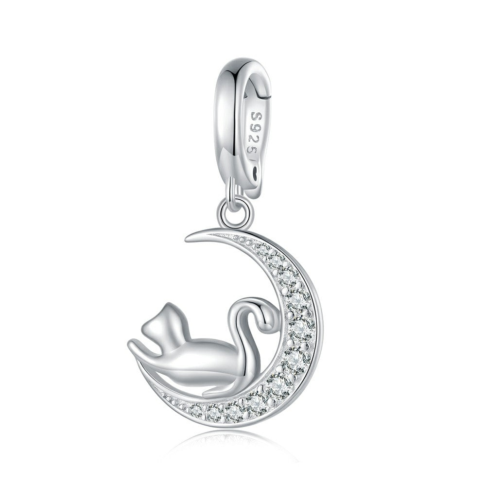 moon and cat opening and closing buckle dangle charm 925 sterling silver yb2323