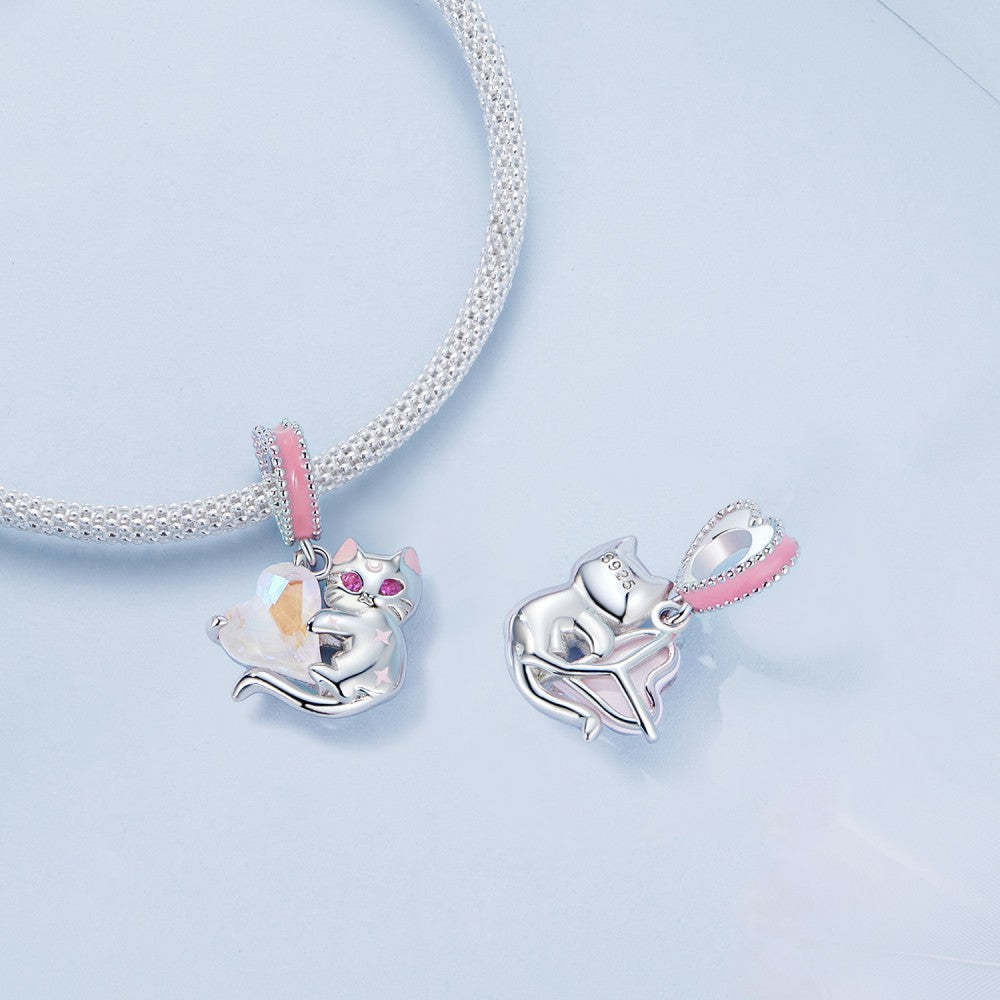 cats and hearts dangle charm 925 sterling silver yb2386