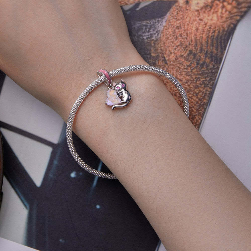 cats and hearts dangle charm 925 sterling silver yb2386