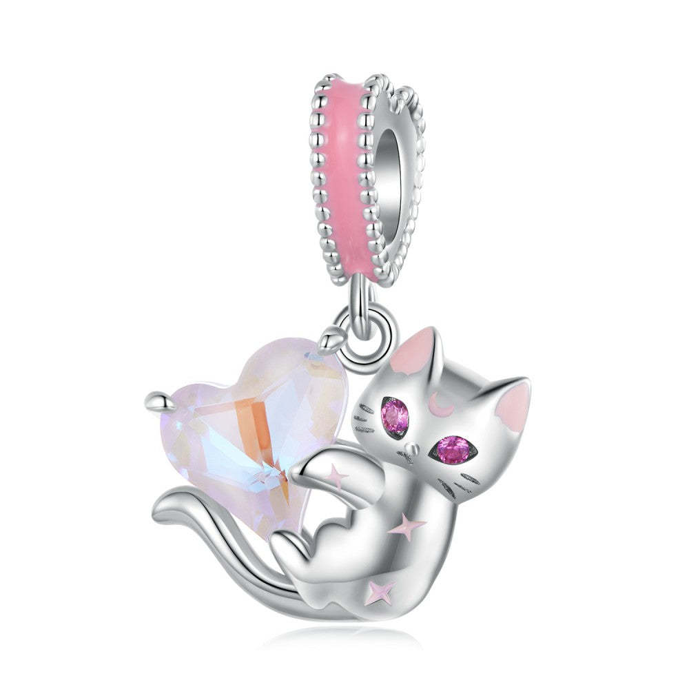 cats and hearts dangle charm 925 sterling silver yb2386