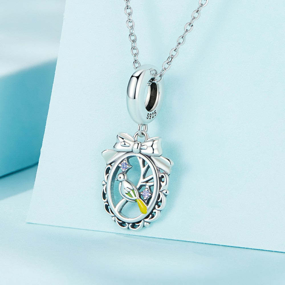bird in mistletoe round ring dangle charm 925 sterling silver yb2402