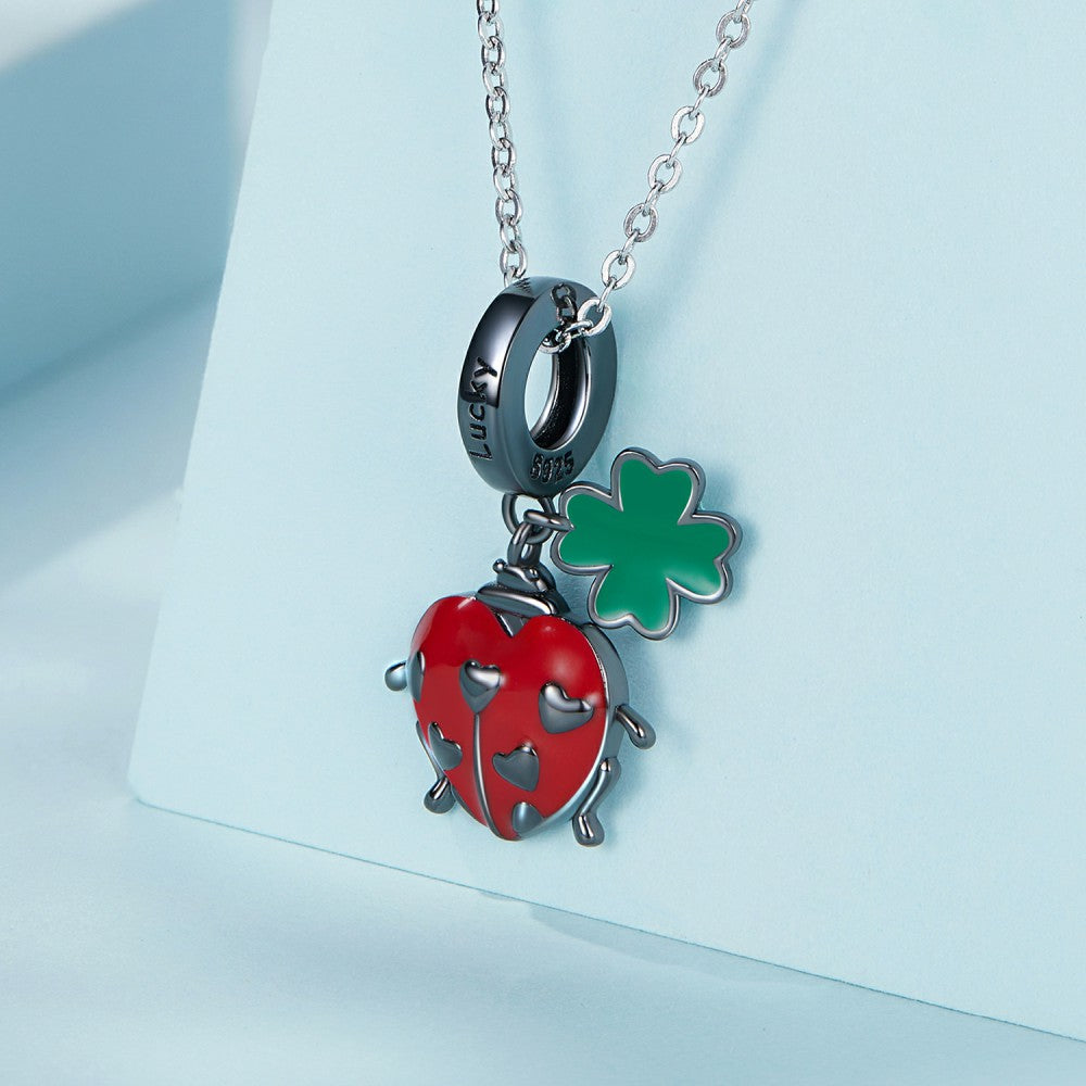 red ladybug and four leaf clover dangle charm 925 sterling silver yb2429