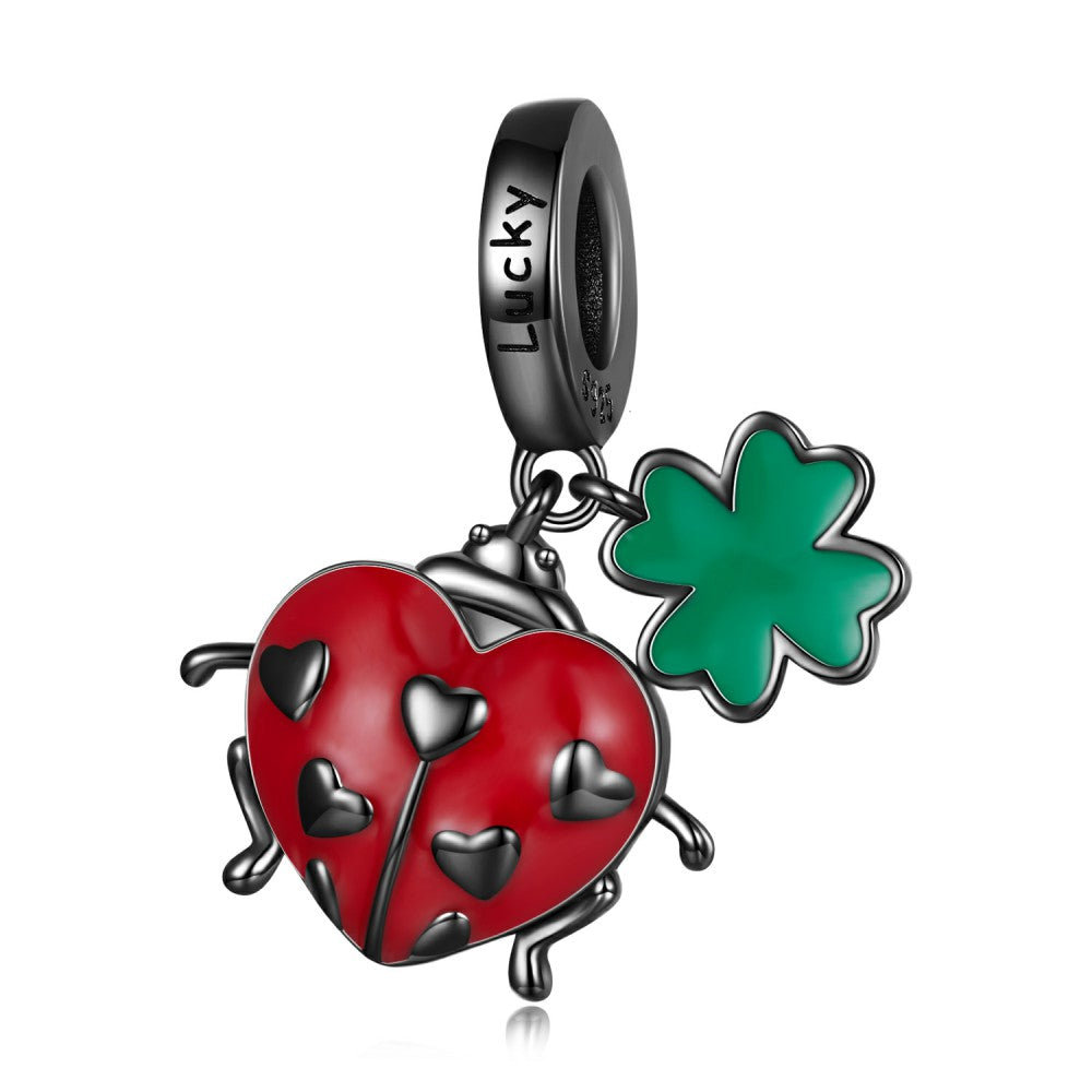red ladybug and four leaf clover dangle charm 925 sterling silver yb2429