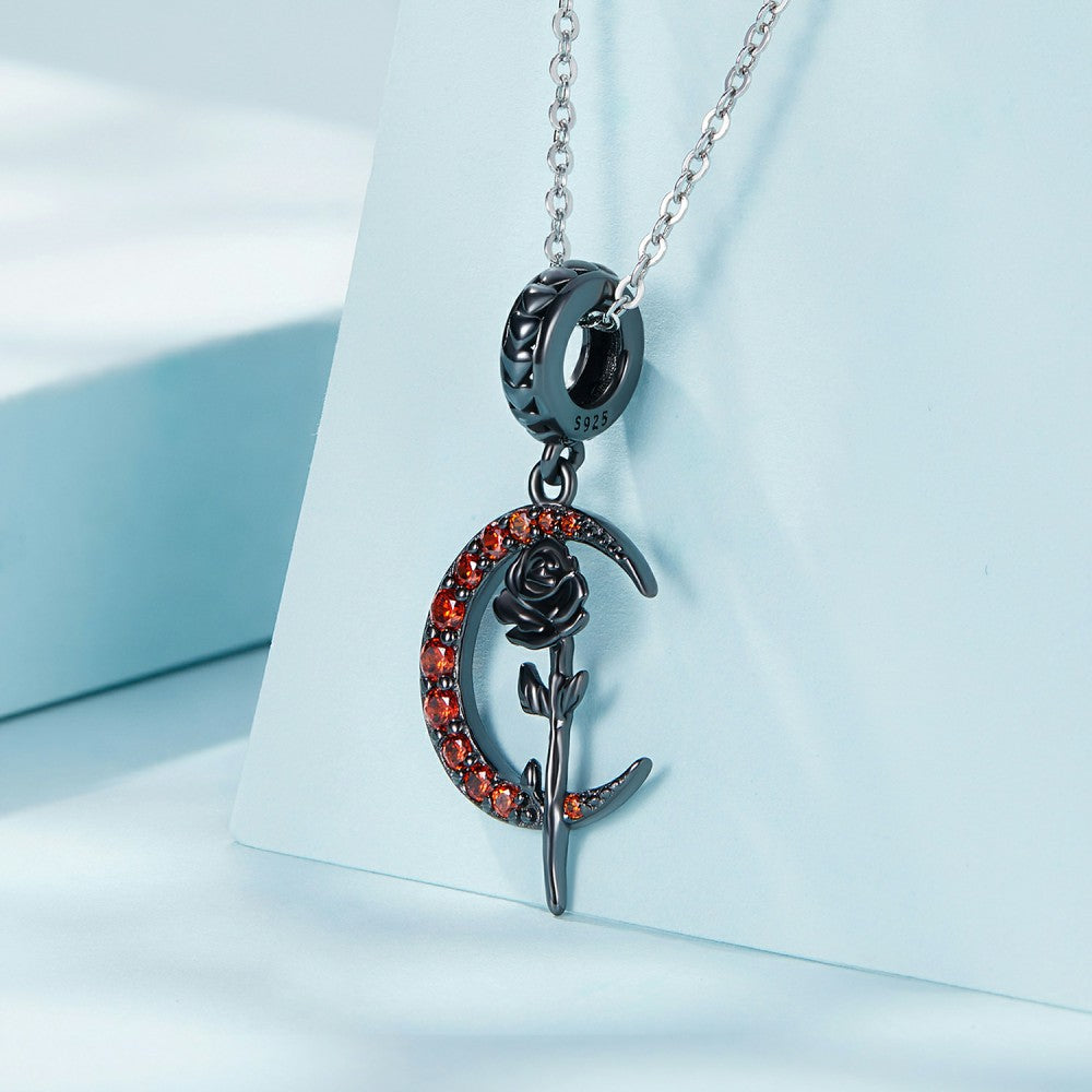 black rose and moon dangle charm 925 sterling silver yb2444